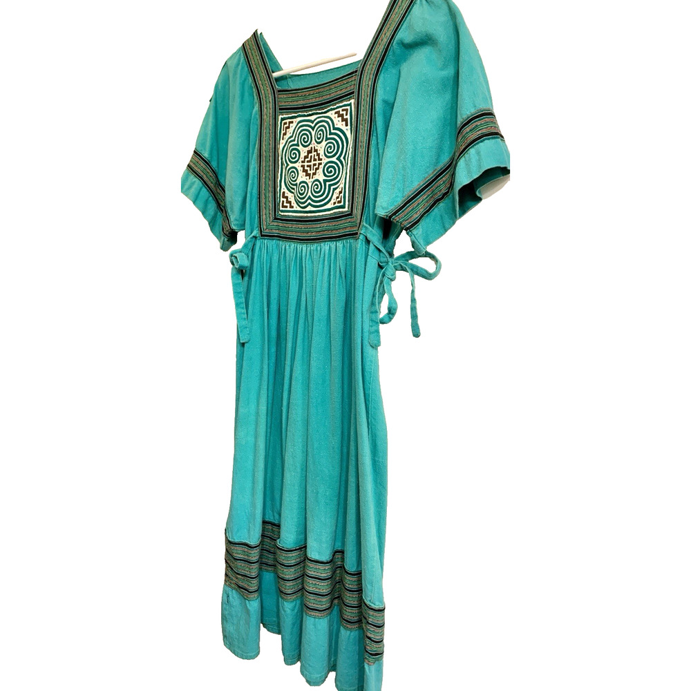 Vintage Midi Dress GREEN Appliques Quilted? Ribbon Accents Side Ties Boho Farm